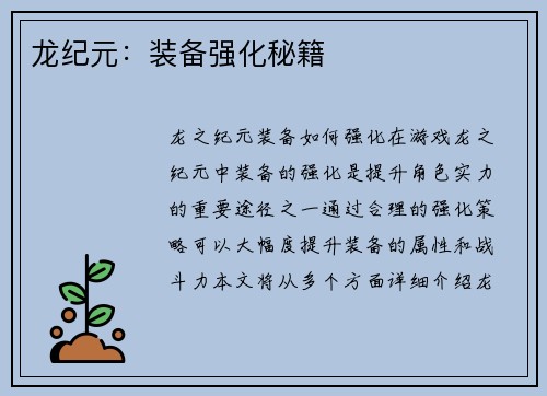 龙纪元：装备强化秘籍